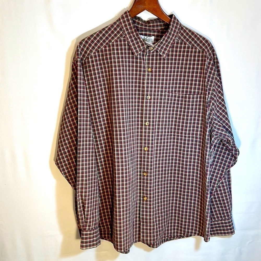 REI Mens Cotton Brown Cream Red Plaid Button Up Long Sleeve Shirt XXL Outdoor